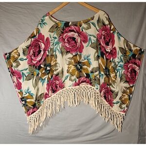 Indigo Thread Co. Rose Print Woven 3/4 Sleeve Fringe V-Neck Poncho Medium‎
